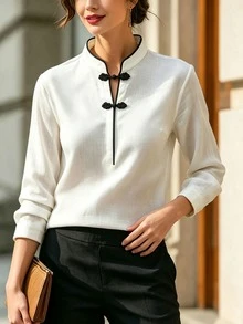SHEIN White And Black Color Block Stand Collar V-Neck Shirt Frog Button Vacation Commuter Tea Party Office Work Date Casual Elegant Fall - White - View 6