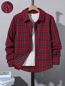 Kemeja Lengan Panjang Motif Kotak-kotak Merah Bertema Natal untuk Remaja Laki-laki, Atasan Kasual dengan Kerah Lipat dan Bukaan di Bagian Depan - Merah - View 9
