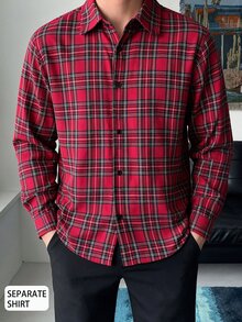 Kemeja Lengan Panjang Motif Kotak-kotak Merah Bertema Natal untuk Remaja Laki-laki, Atasan Kasual dengan Kerah Lipat dan Bukaan di Bagian Depan - Merah - View 7