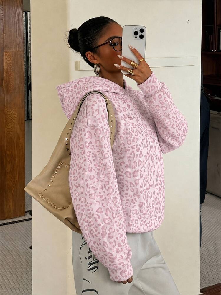 Muchica Casual Minimalist Collegiate Vintage Pink Leopard Print Sweatshirt, Suitable For Summer, Casual Tops For Daily Commute, Dating, Gathering, Summer, Christmas, New Year, Thanksgiving, Party, Wedding, Beach, Graduation, Fashion, Elegant, Casual, Outing, Dating, Reservation, Commute, Shiny, Valentine's Day, Elegant, Vacation, Casual, Y2K, Outing, Graduation And More - Multicolor - View 7