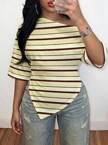 Slaydiva Casual Minimalist Striped Print Pattern Plus Size T-Shirt Suitable For Autumn - Multicolor - View 5
