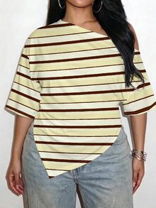 Slaydiva Casual Minimalist Striped Print Pattern Plus Size T-Shirt Suitable For Autumn - Multicolor - View 1