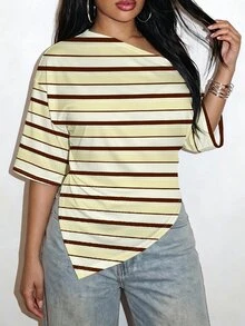 Slaydiva Casual Minimalist Striped Print Pattern Plus Size T-Shirt Suitable For Autumn - Multicolor - View 4