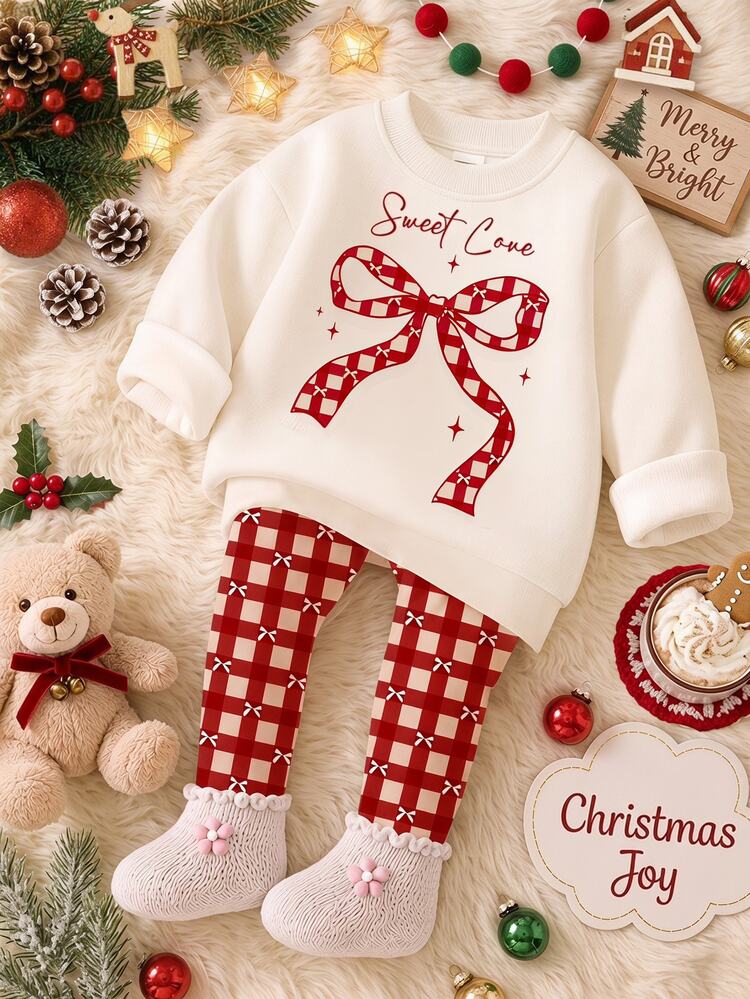 Sweet Girl Bowknot, Angora Red Mini Plaid Pattern Print, Baby Girl Casual Fleece Soft Loose Round Neck Pullover Sweatshirt Brushed Leggings New Set Suitable For Autumn/Winter Daily Wear, Campus, Outings, Holiday Parties, Vacations, Christmas Outfits, Vintage Girl Style, Christmas Sweet Relaxed Fashion, Chill - Multicolor - View 7