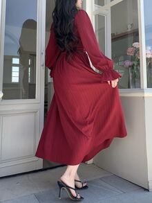 Feyla 女士复古优雅简约纯色方领荷叶袖蕾丝胸前褶裥系腰连衣裙，春秋季 - 紅木色 - 查看 7