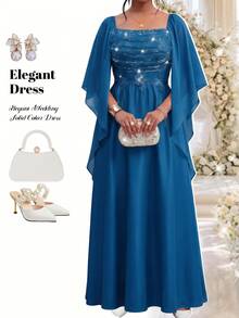 Fleurora Plus Size Women Square Neck Lace Sequin Patchwork Ribbon Blue Evening Dress Cocktail Dinner Fall Elegant Romantic Formal Wedding - Teal Blue - View 4