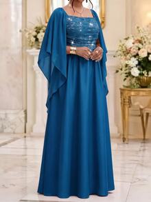 Fleurora Plus Size Women Square Neck Lace Sequin Patchwork Ribbon Blue Evening Dress Cocktail Dinner Fall Elegant Romantic Formal Wedding - Teal Blue - View 7