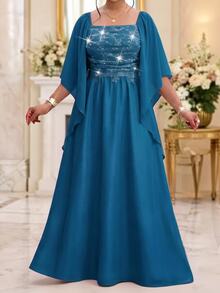 Fleurora Plus Size Women Square Neck Lace Sequin Patchwork Ribbon Blue Evening Dress Cocktail Dinner Fall Elegant Romantic Formal Wedding - Teal Blue - View 6
