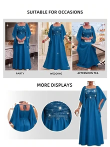 Fleurora Plus Size Women Square Neck Lace Sequin Patchwork Ribbon Blue Evening Dress Cocktail Dinner Fall Elegant Romantic Formal Wedding - Teal Blue - View 5