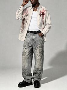 ROMWE MEN Men's Vintage Gothic Angel Thorn Cross Print Long Sleeve Shirt - Khaki - View 7