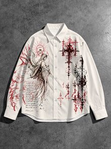 ROMWE MEN Men's Vintage Gothic Angel Thorn Cross Print Long Sleeve Shirt - Khaki - View 8