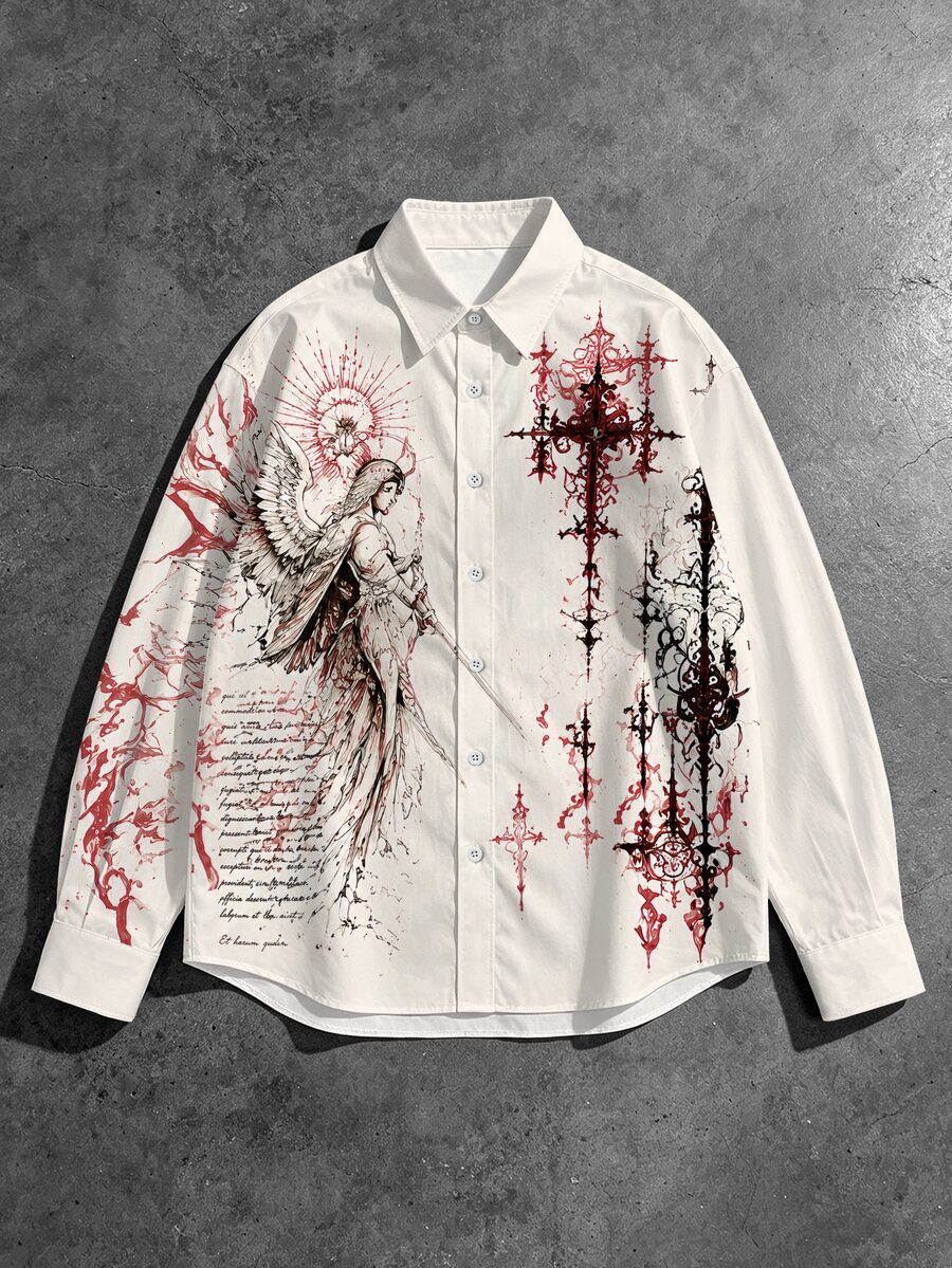 ROMWE MEN Men's Vintage Gothic Angel Thorn Cross Print Long Sleeve Shirt - Khaki - View 1