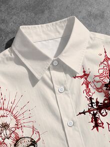 ROMWE MEN Men's Vintage Gothic Angel Thorn Cross Print Long Sleeve Shirt - Khaki - View 3