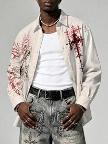 ROMWE MEN Men's Vintage Gothic Angel Thorn Cross Print Long Sleeve Shirt - Khaki - View 1