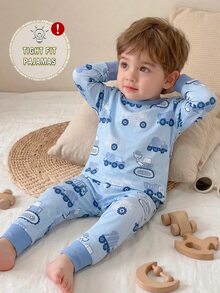 Baby Boy Comfortable Soft High Elasticity Ribbed Fabric Planet Stripe All-Over Print Long Sleeve Crew Neck Pants Tight Pajama Set - Multicolor - View 7
