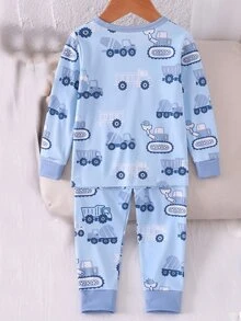 Baby Boy Comfortable Soft High Elasticity Ribbed Fabric Planet Stripe All-Over Print Long Sleeve Crew Neck Pants Tight Pajama Set - Multicolor - View 2