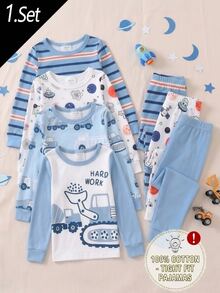 Baby Boy Comfortable Soft High Elasticity Ribbed Fabric Planet Stripe All-Over Print Long Sleeve Crew Neck Pants Tight Pajama Set - Multicolor - View 1