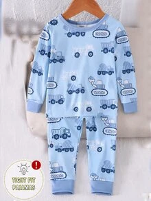 Baby Boy Comfortable Soft High Elasticity Ribbed Fabric Planet Stripe All-Over Print Long Sleeve Crew Neck Pants Tight Pajama Set - Multicolor - View 6