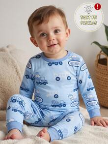 Baby Boy Comfortable Soft High Elasticity Ribbed Fabric Planet Stripe All-Over Print Long Sleeve Crew Neck Pants Tight Pajama Set - Multicolor - View 4
