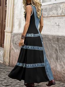 EMERY ROSE [Denim Effect] Plus Size Women's Distressed Wash Effect Sleeveless Maxi Dress, Moto-Inspired Print Summer Sun Dress, Effortless Casual Work-To-Weekend Outfits - Multicolor - View 3