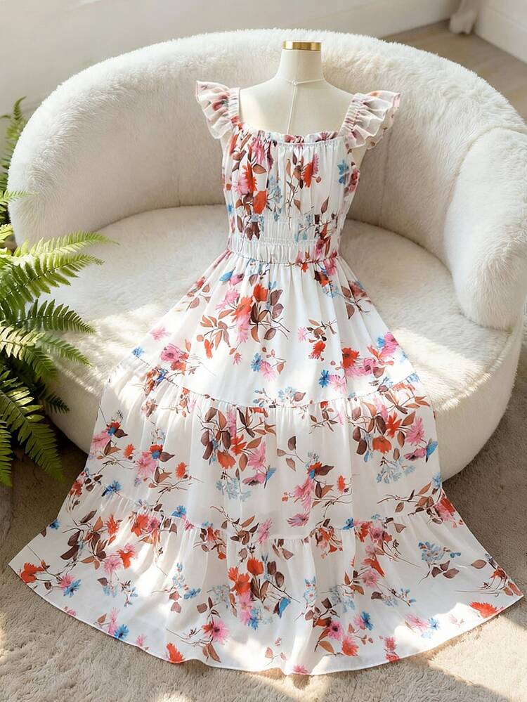 Breezaya Women's Elegant Fashionable Commuter Casual Comfortable Charming Vintage Minimalist High-End Romantic Holiday Vacation Gentle Lady Sleeveless Spaghetti Strap Ruffle Square Neck Cinched Waist A-Line Hem Chiffon Ditsy Floral Dress (Random Print) - Red and White - View 2