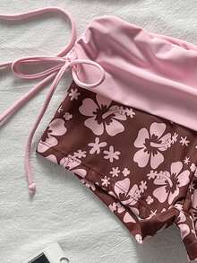 SHEIN Swim Women's Soft Pink & Brown Colorblock Floral Two Pieces Swimwear, Halter Strap Bikini, Flattering Coverage, Fl - Multicolor - View 7
