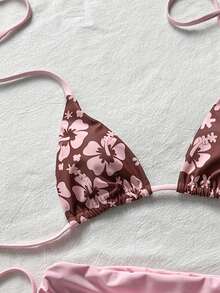 SHEIN Swim Women's Soft Pink & Brown Colorblock Floral Two Pieces Swimwear, Halter Strap Bikini, Flattering Coverage, Fl - Multicolor - View 6