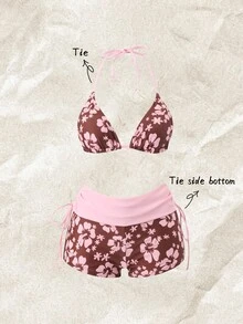 SHEIN Swim Women's Soft Pink & Brown Colorblock Floral Two Pieces Swimwear, Halter Strap Bikini, Flattering Coverage, Fl - Multicolor - View 2