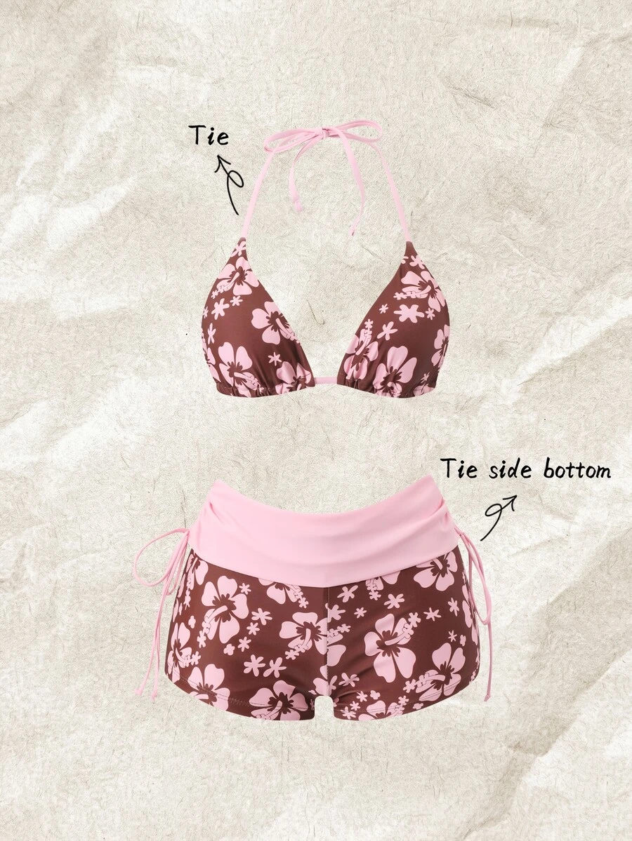 SHEIN Swim Women's Soft Pink & Brown Colorblock Floral Two Pieces Swimwear, Halter Strap Bikini, Flattering Coverage, Fl