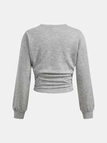Teen Girls Grey Pullover Teen Girl Sweatshirt, Waist Ruched Loose Casual Versatile School Back To School Autumn New Halloween Fall Tops - Multicolor - View 3