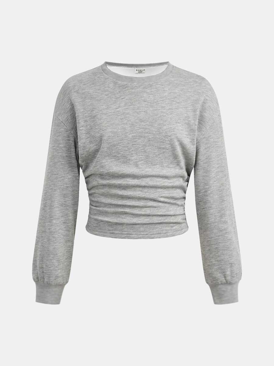 Teen Girls Grey Pullover Teen Girl Sweatshirt, Waist Ruched Loose Casual Versatile School Back To School Autumn New Halloween Fall Tops - Multicolor - View 1