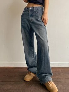 DAZY 宽松长款复古水洗蓝色阔腿牛仔裤，Y2K风格女款 - 藍色 - 查看 3