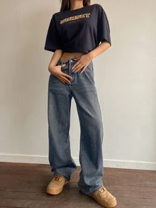 DAZY 宽松长款复古水洗蓝色阔腿牛仔裤，Y2K风格女款 - 藍色 - 查看 4