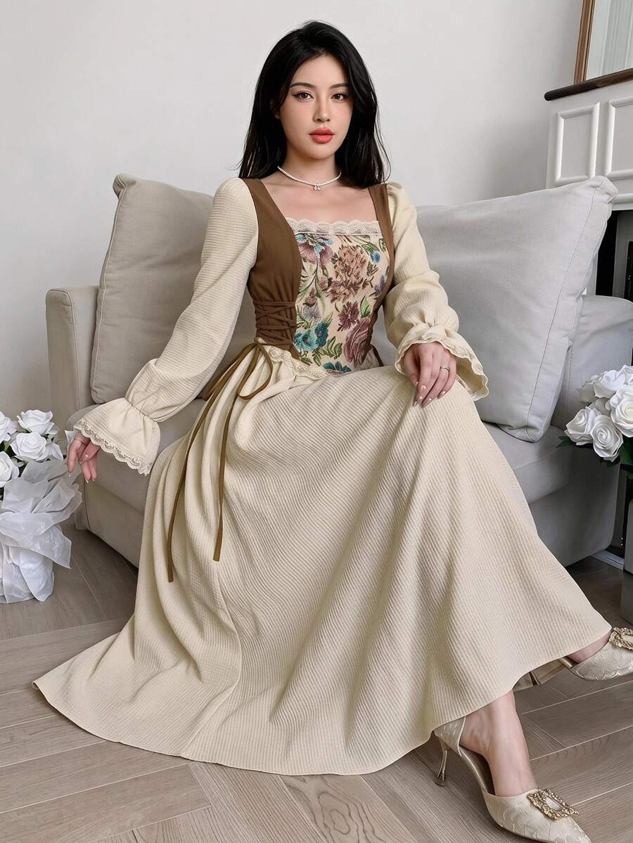 Feyla Women's Jacquard Contrast Lace Square Neck Elegant Cottagecore Cottage Core Vintage Cutecore Long Dress Brunch Oktoberfest Beige Autumn Picnic