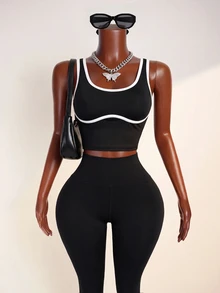 Zolique Women's Spring/Summer Black And White Athleisure Active Athletic Sporty Modest Sports Tank Top, Sleeveless V-Neck, Racerback, Gym Workout - Black - View 4