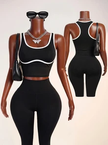 Zolique Women's Spring/Summer Black And White Athleisure Active Athletic Sporty Modest Sports Tank Top, Sleeveless V-Neck, Racerback, Gym Workout - Black - View 2