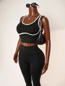 Zolique Women's Spring/Summer Black And White Athleisure Active Athletic Sporty Modest Sports Tank Top, Sleeveless V-Neck, Racerback, Gym Workout - Black - View 5