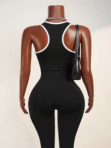 Zolique Women's Spring/Summer Black And White Athleisure Active Athletic Sporty Modest Sports Tank Top, Sleeveless V-Neck, Racerback, Gym Workout - Black - View 3