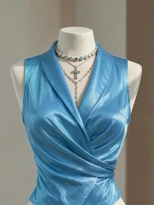 SHEIN LUNE 无袖V领系带蝴蝶结腰身装饰优雅迷人女士上衣，采用珠光面料 - 彩色 - 查看 5