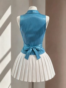 SHEIN LUNE 无袖V领系带蝴蝶结腰身装饰优雅迷人女士上衣，采用珠光面料 - 彩色 - 查看 2