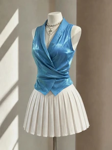 SHEIN LUNE 无袖V领系带蝴蝶结腰身装饰优雅迷人女士上衣，采用珠光面料 - 彩色 - 查看 3