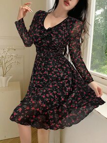 Feyla 女士碎花蝴蝶结装饰V领长袖时尚短裙 - 黑色 - 查看 7