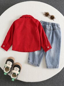 BABY BOY Autumn/Winter Thermal Lined Thick Red Christmas Shirt & Classic Thick Denim Jeans, Suitable For Outings And Holiday Wear - Multicolor - View 6