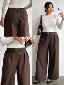 Firerie Plus Size Casual Elegant Metal Buckle Loose Pants Fall/Winter Elegant Office Business Work Pants Women Elegant Formal Pants For Women Daily Going Out - Brown - View 2