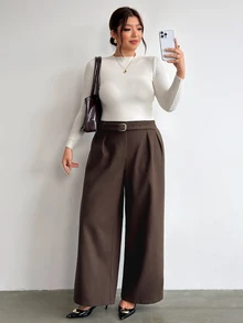 Firerie Plus Size Casual Elegant Metal Buckle Loose Pants Fall/Winter Elegant Office Business Work Pants Women Elegant Formal Pants For Women Daily Going Out - Brown - View 9