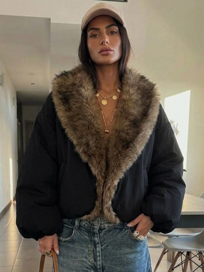 DAZY Women's Black Oversized Thick Fleece Collar Short Jacket, Streetwear Hip Hop Outdoor Casual Padded Coat, Autumn/Winter