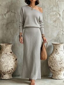 SHEIN Women's Asymmetrical Shoulder Slouchy Long Sleeve Sweater Set, Casual Knitted Autumn/Winter 2 Pieces Set, Light Gray Loose Fashionable Versatile Ribbed Skirt And Sweater 2 Pieces Set - Grey - View 9
