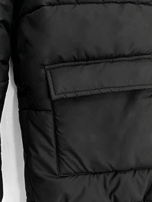 SHEIN 極簡純色女款青少年長版連帽夾克，前開襟拉鍊對稱口袋絎縫紋理直筒外套，休閒百搭寬鬆長袖外衣 - 黑色 - 查看 3