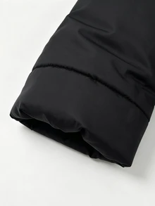 SHEIN 極簡純色女款青少年長版連帽夾克，前開襟拉鍊對稱口袋絎縫紋理直筒外套，休閒百搭寬鬆長袖外衣 - 黑色 - 查看 7