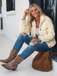LanaWest Women's Autumn/Winter Solid Color Plush Casual Short Jacket With Long Sleeves Fall Cloth For Women - Beige - View 7